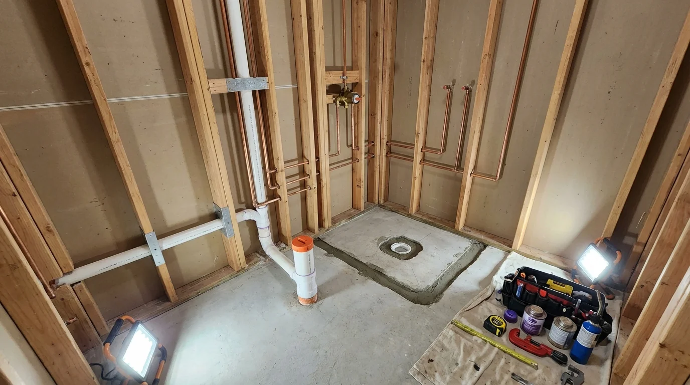Bathroom rough-in plumbing during remodel by Johns Plumbing LLC in Darlington