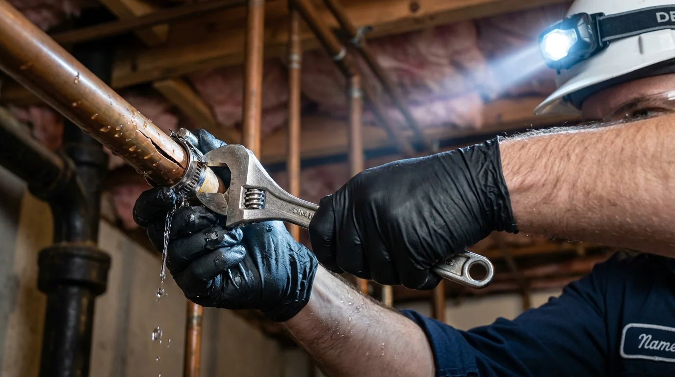 Emergency pipe clamp repair being performed by a Johns Plumbing LLC plumber in Darlington