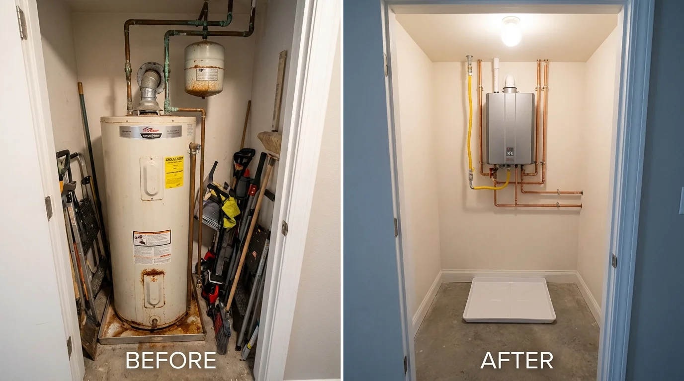 Tank water heater versus wall-mounted tankless unit comparison for Darlington, WI homeowners