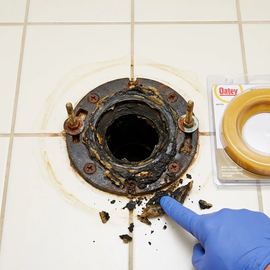 Failed wax ring showing water seepage at the base of a toilet in a Darlington, WI home