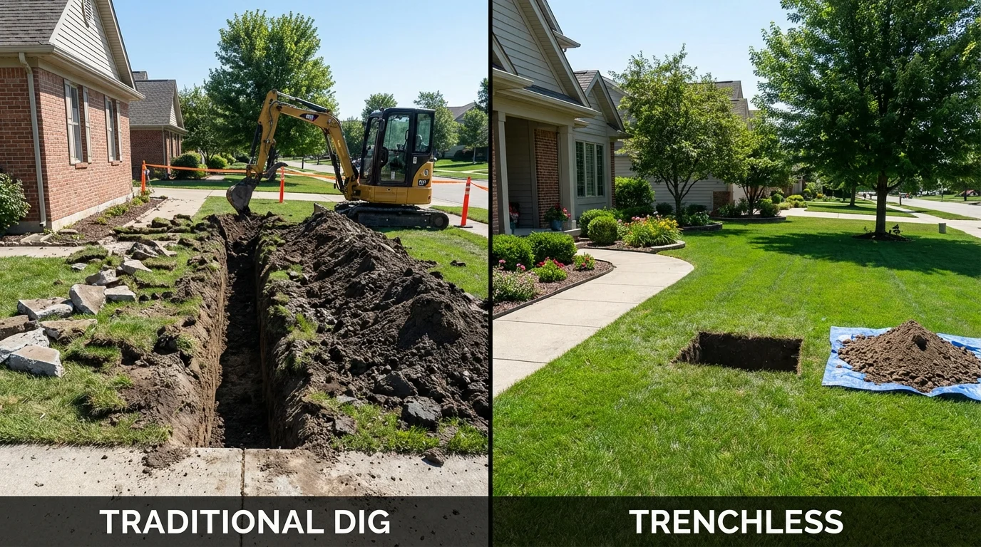 Trenchless sewer repair with minimal yard damage versus traditional excavation in Darlington, WI