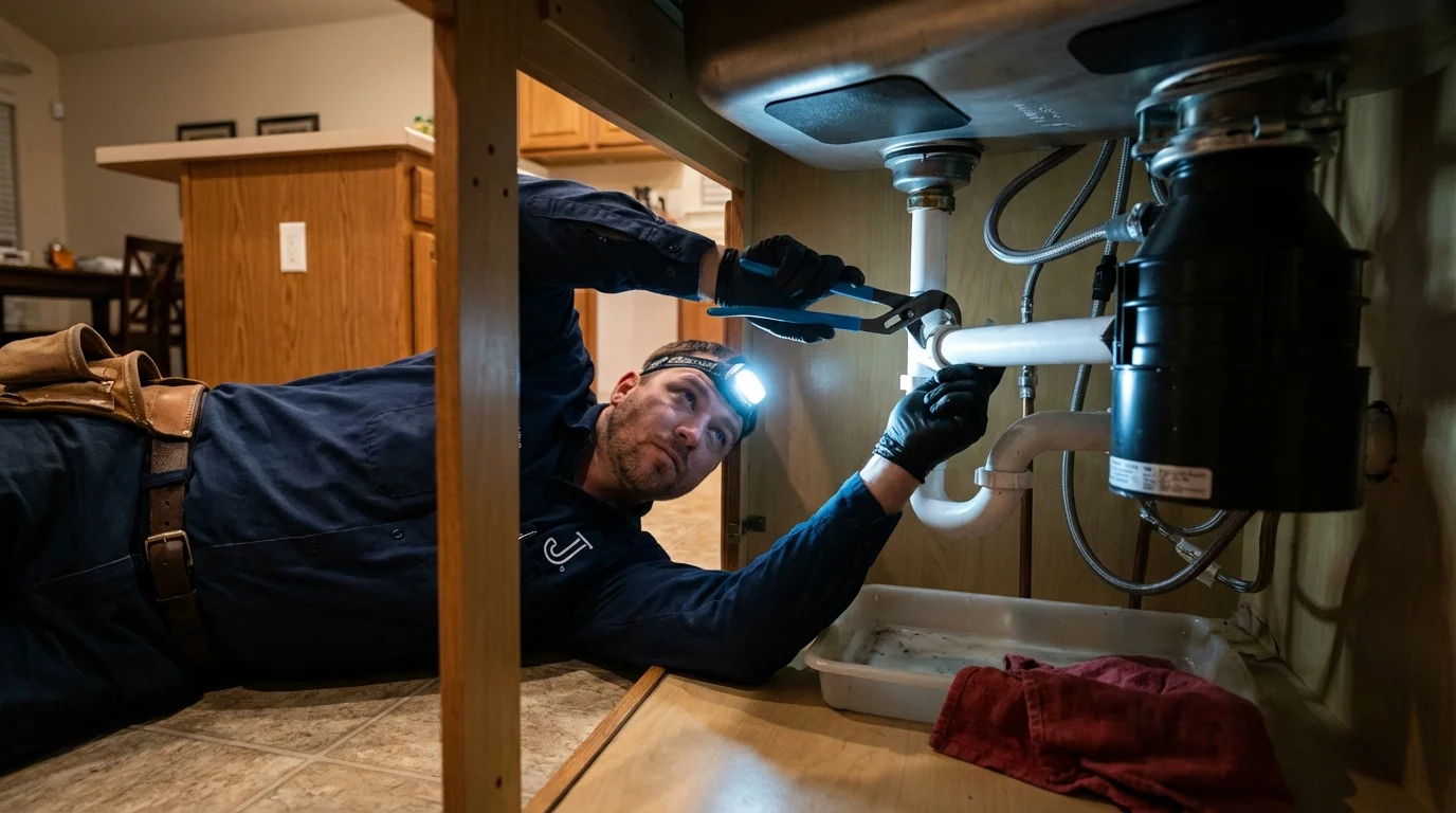 P-trap and supply line connections under a kitchen sink showing a common leak point in Darlington, WI